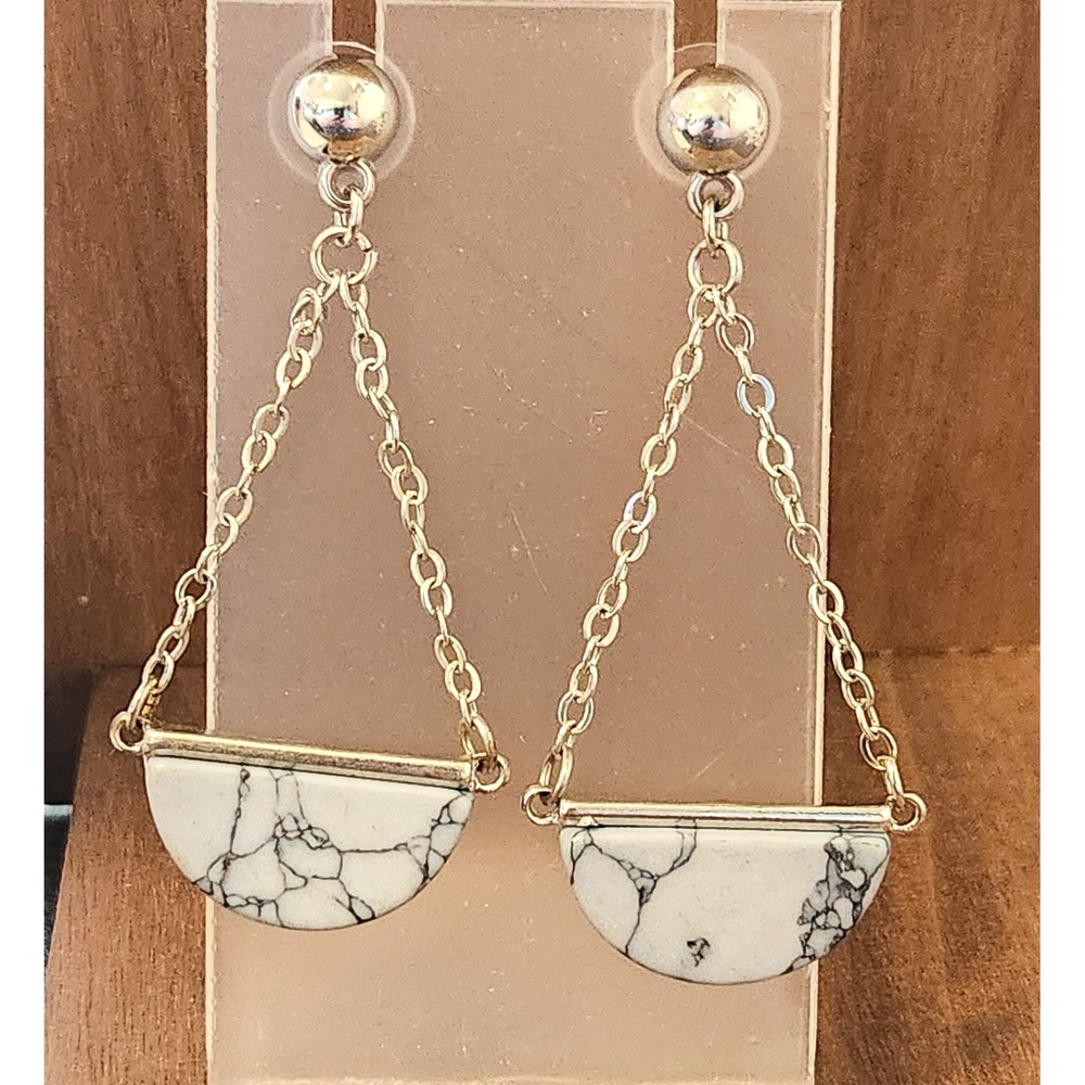 Blue Marble Geometric Semi Circle Gold Tone‎ Chain Drop Earrings Half Moon Post